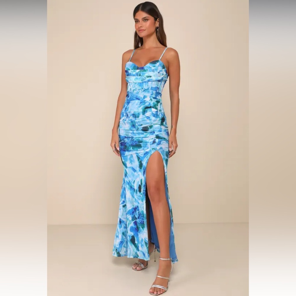 Stunning Wonder Blue Floral Mesh Bustier Mermaid Maxi Dress